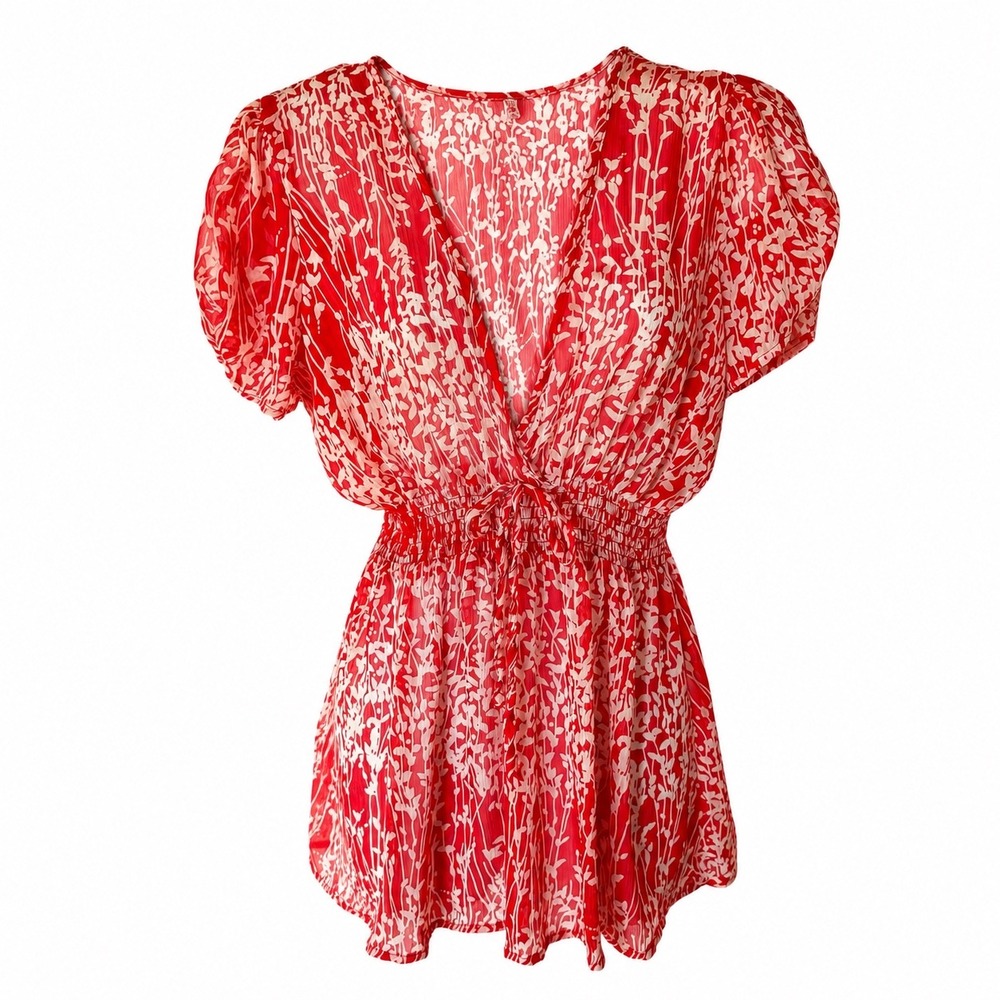Seduction Red White Floral Smocked Waist V-Neck sheer Peplum feminine Top Size L